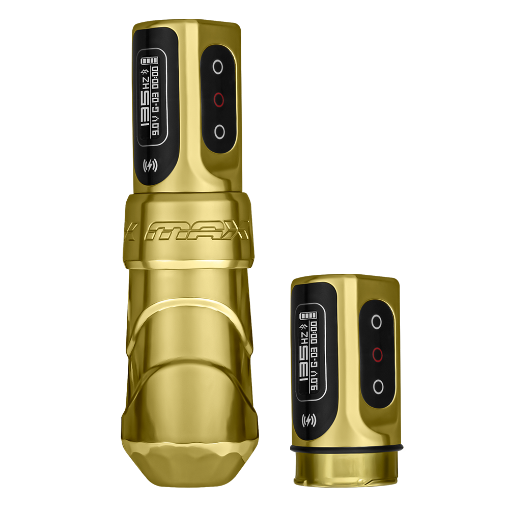 FK Irons Flux Max Tattoo Machine with 2 PowerBolt 2.0 — 4.5mm Hope Versus Cancer Gold