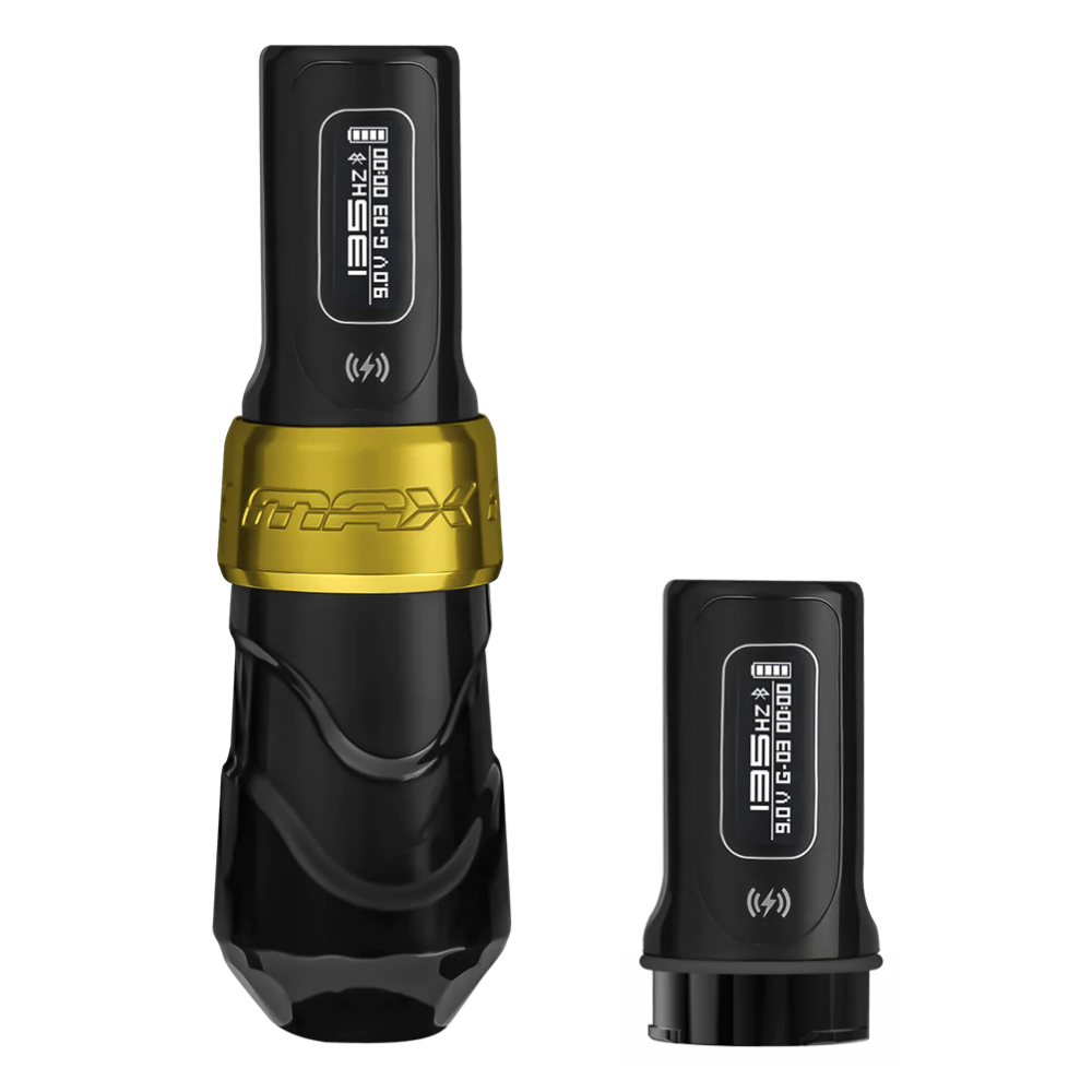 FK Irons Flux Max Wireless Tattoo Machine with 2 PowerBolt II — 3.2mm Stroke — Gold Stealth