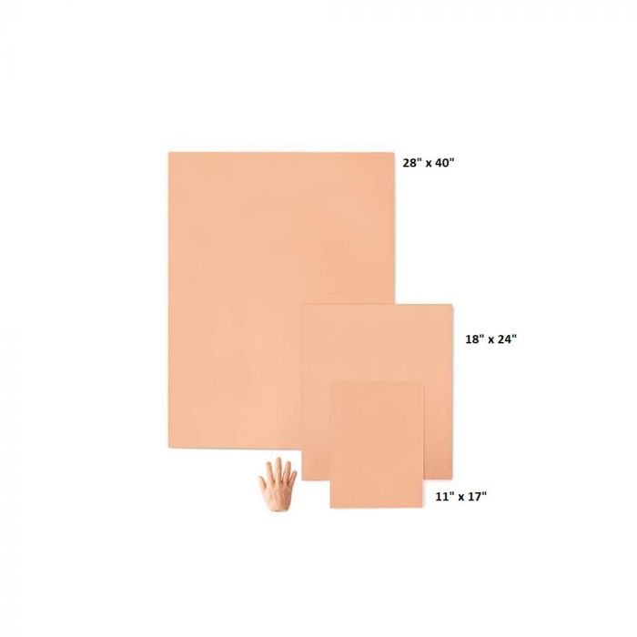 Pink-toned tattooable flesh in the shape of a rectangle laying next to a hand and other rectangles for size reference  on a white background.