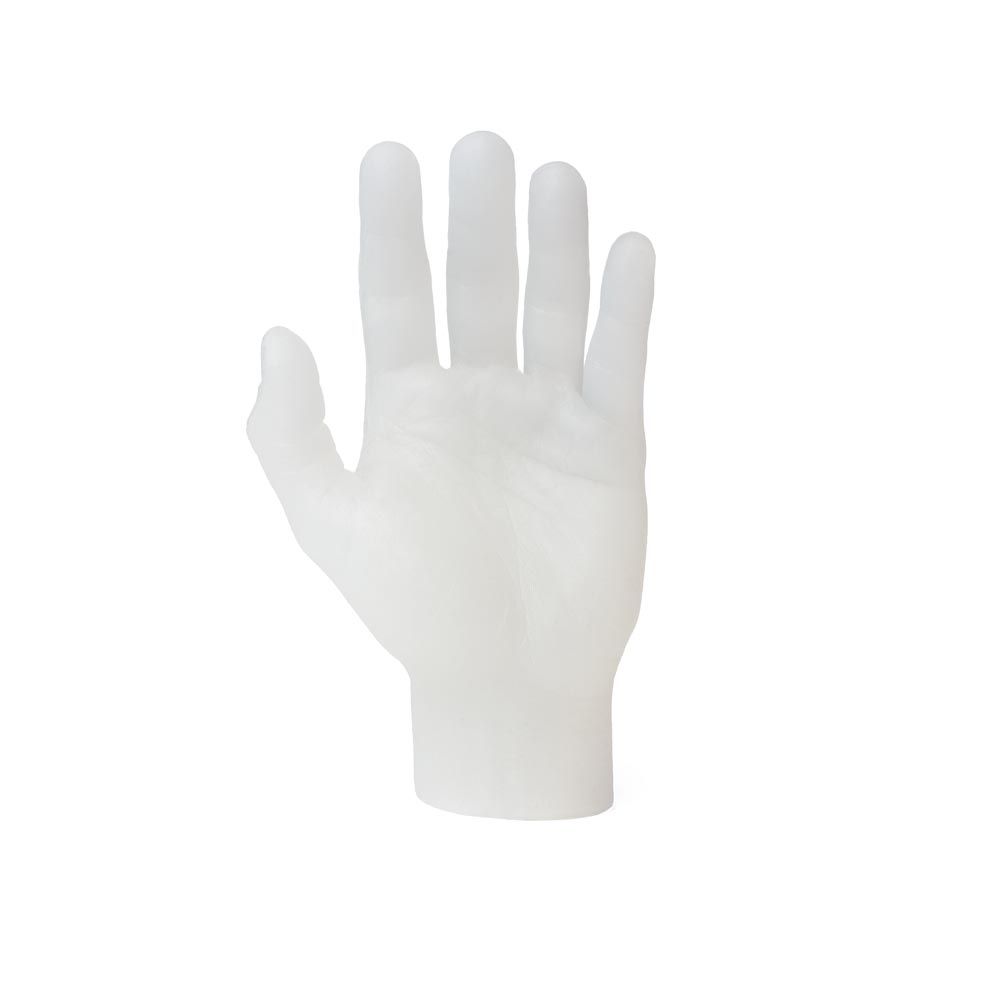 Clear hand made of tattooable flesh standing up with palm facing forward on white background.