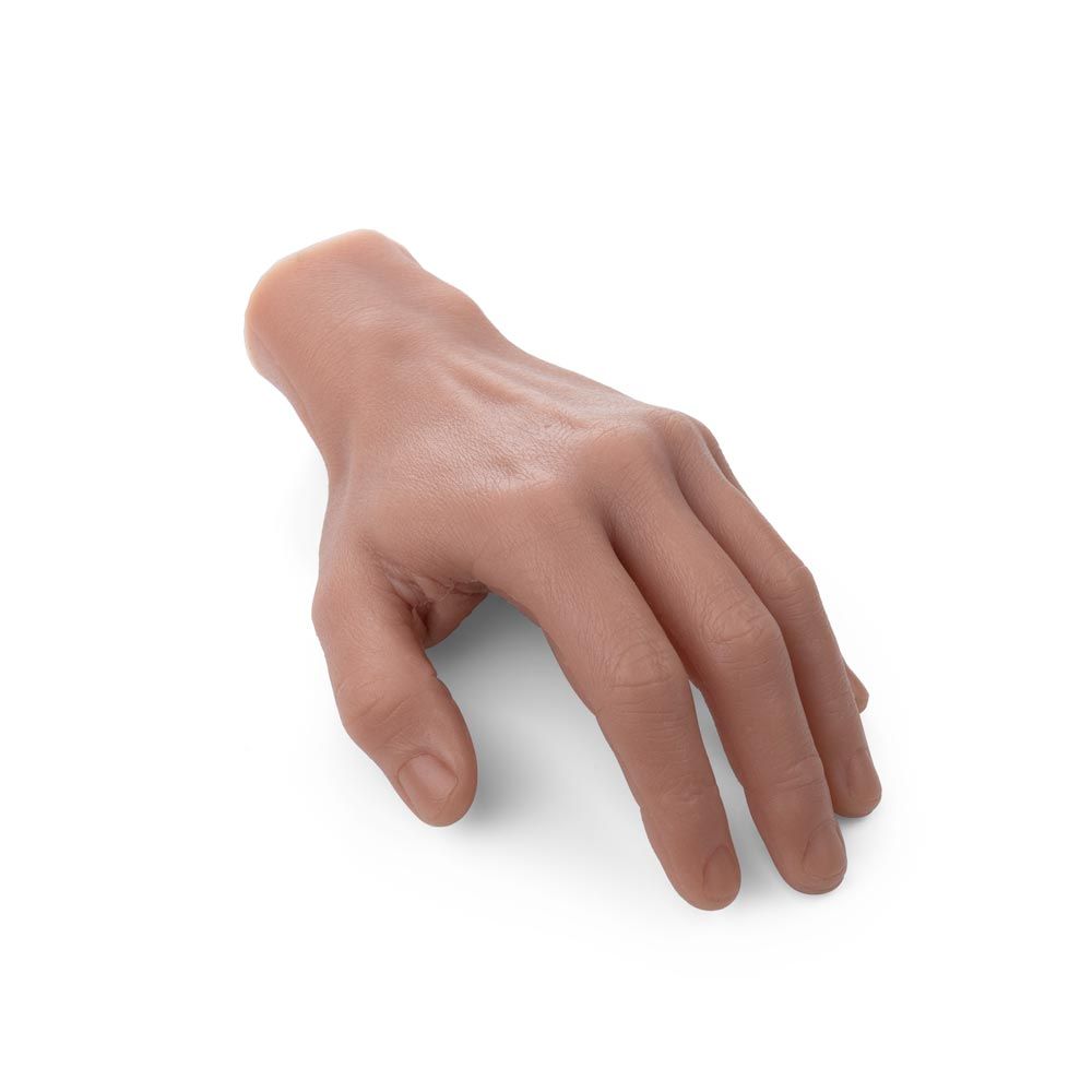 Light-medium-toned hand tattooable flesh on a white background. 