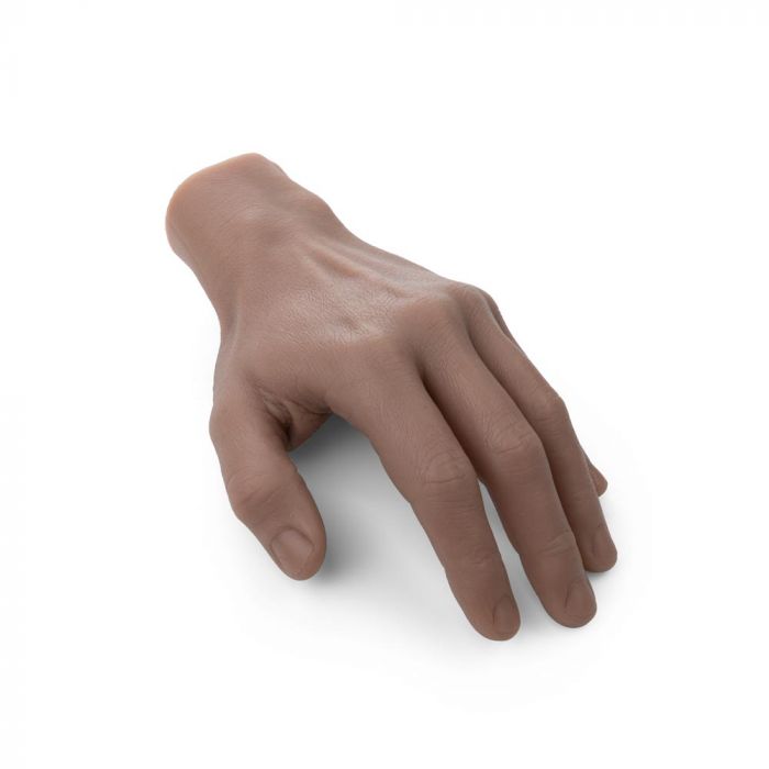 Medium-toned hand tattooable flesh on a white background. 
