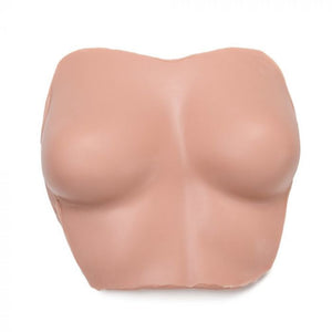 Light-toned tattooable flesh in the shape of female breasts with upper-torso on a white background.