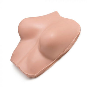 Light-toned tattooable flesh in the shape of female breasts with upper-torso on a white background.