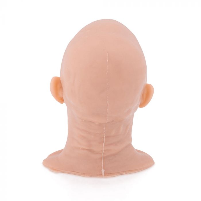 Light-toned tattooable flesh in the shape of a man's head and neck on a white background. The head is back-facing.
