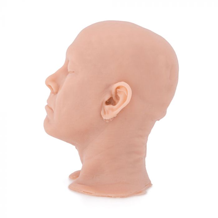 Light-toned tattooable flesh in the shape of a man's head and neck on a white background. The head is side-facing.