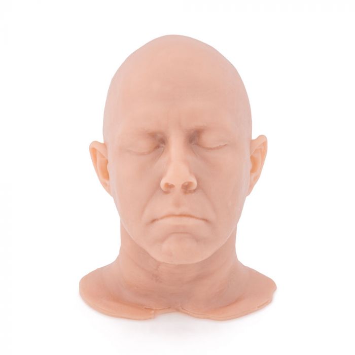 Light-toned tattooable flesh in the shape of a man's head and neck on a white background. The head is forward-facing.