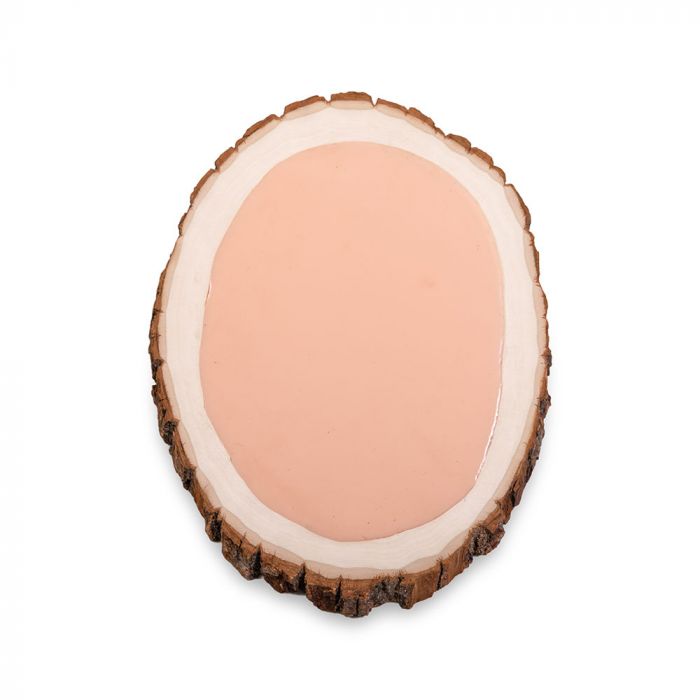 Tattooable flesh imbedded in a frame that looks like a wooden slab from the branch of a tree. This product is posed in front of a white background.