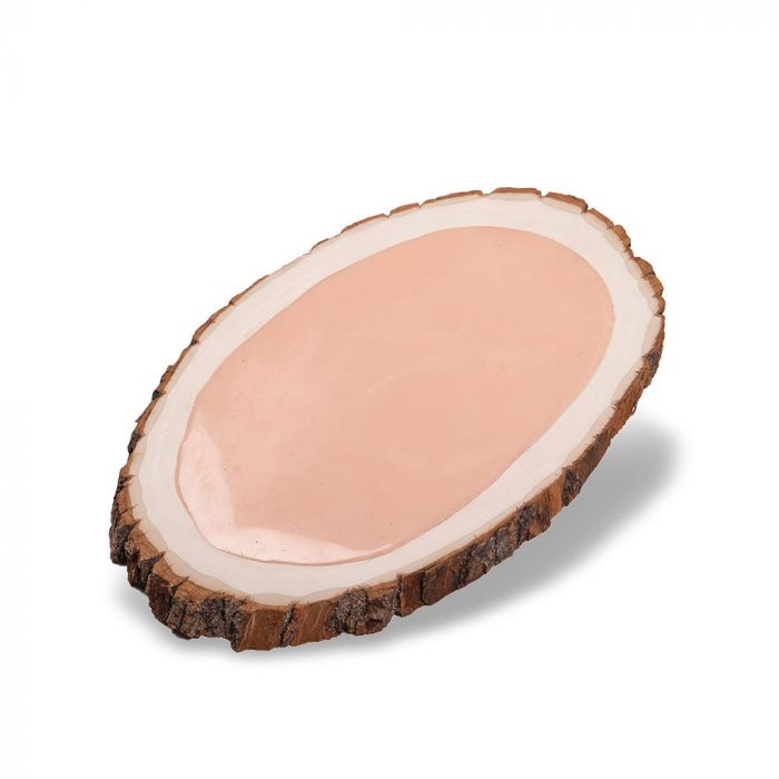 Tattooable flesh imbedded in a frame that looks like a wooden slab from the branch of a tree. This product is posed in front of a white background.