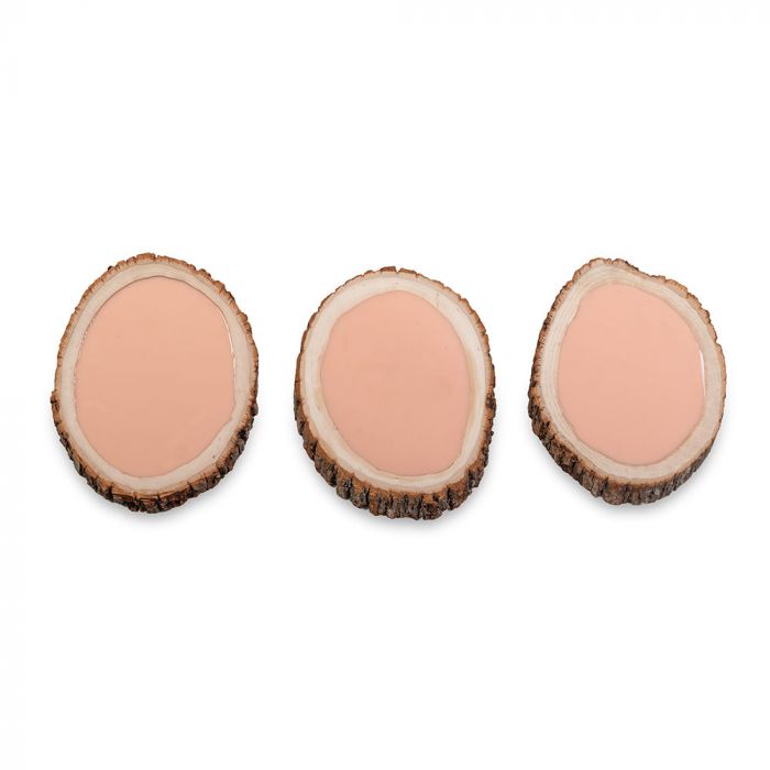 Three tattooable flesh slabs imbedded in a frame that looks like a wooden slab from the branch of a tree. This product is posed in front of a white background.