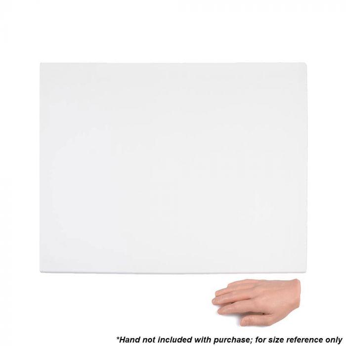 White tattooable flesh in the shape of a rectangle laying next to a hand for size reference on a white background.