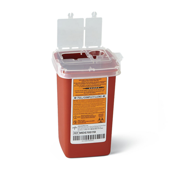Red 1 Quart Sharps Container with a clear plastic lid on a white background.