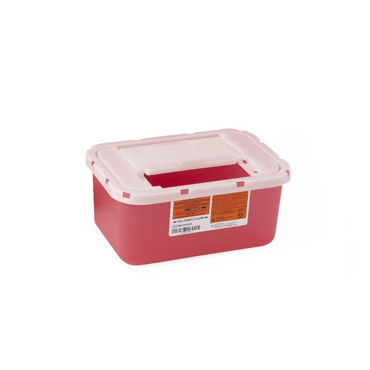 Red Sharps Container with a white lid on a white background.