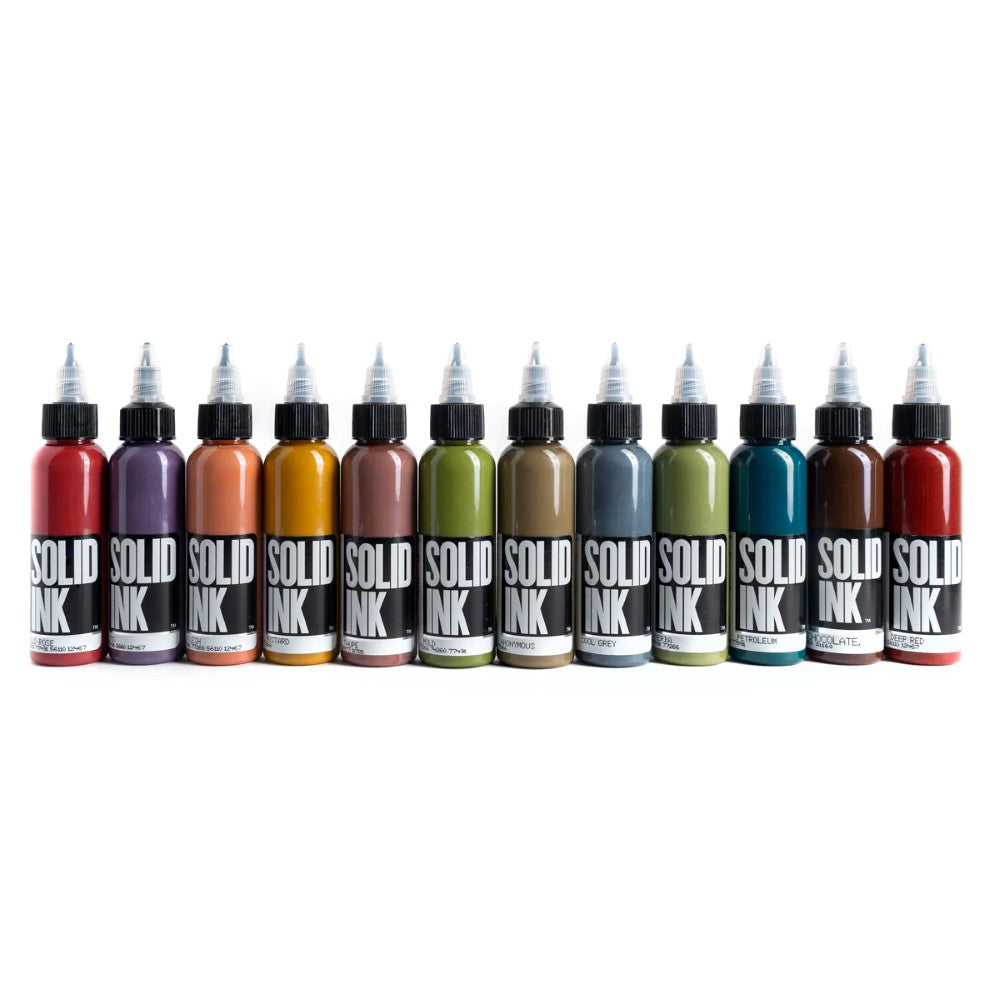 Solid Ink - Opaque 12 Color Set 1oz Bottles - Ultimate Tattoo Supply